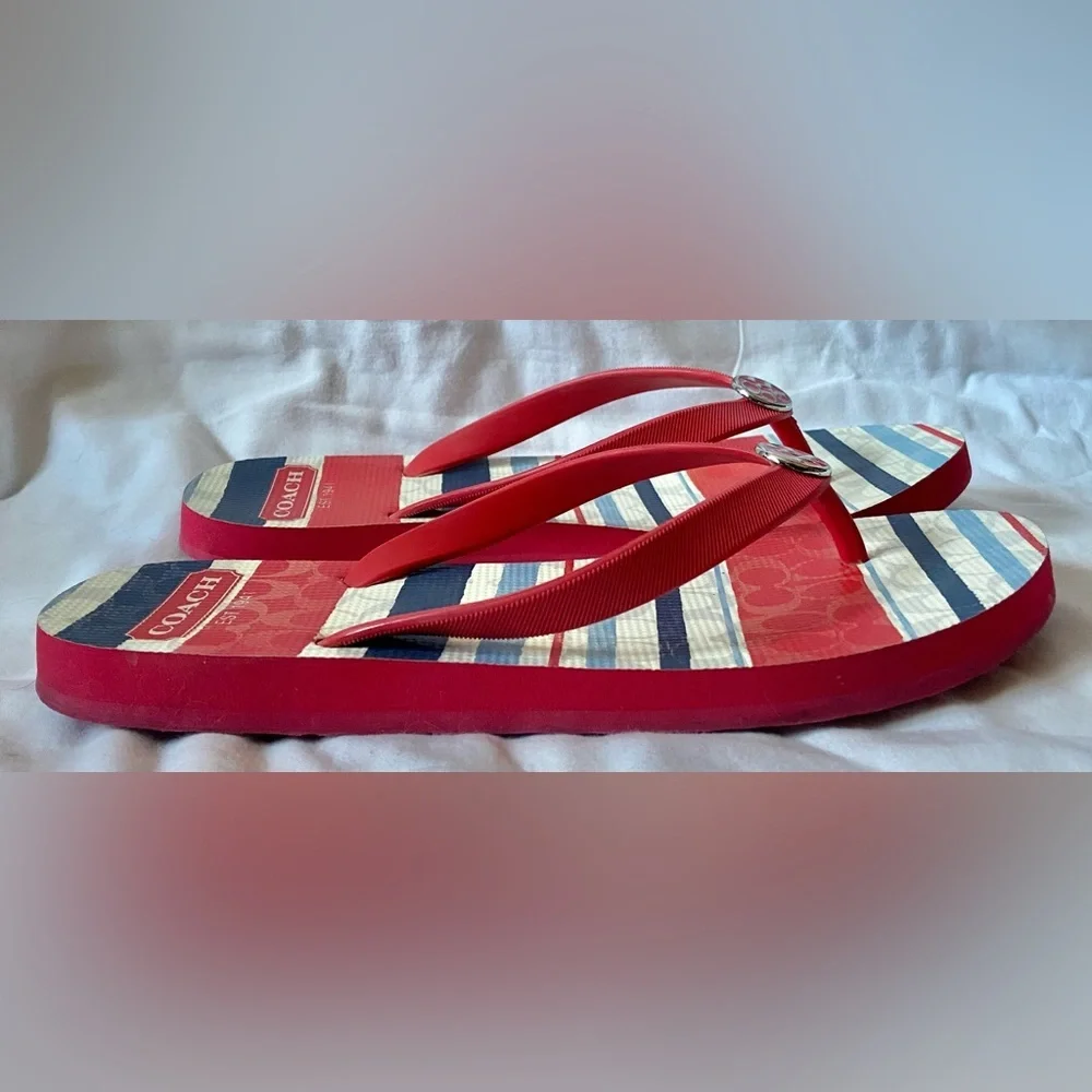 Coach Red, White & Blue Striped Flip Flops With Logo Button Detail Size 7 - Picture 3 of 5